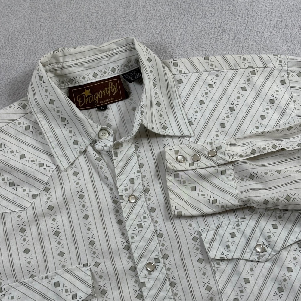 Dragonfly Clothing Co Mens Large Western Pearl Snap Shirt Geometric Stripe White